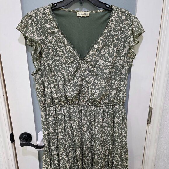 Indigo Rose Green Floral Print V-Neck Dress Midi Ruffle Cap Sleeve Elastic Waist - Picture 1 of 8